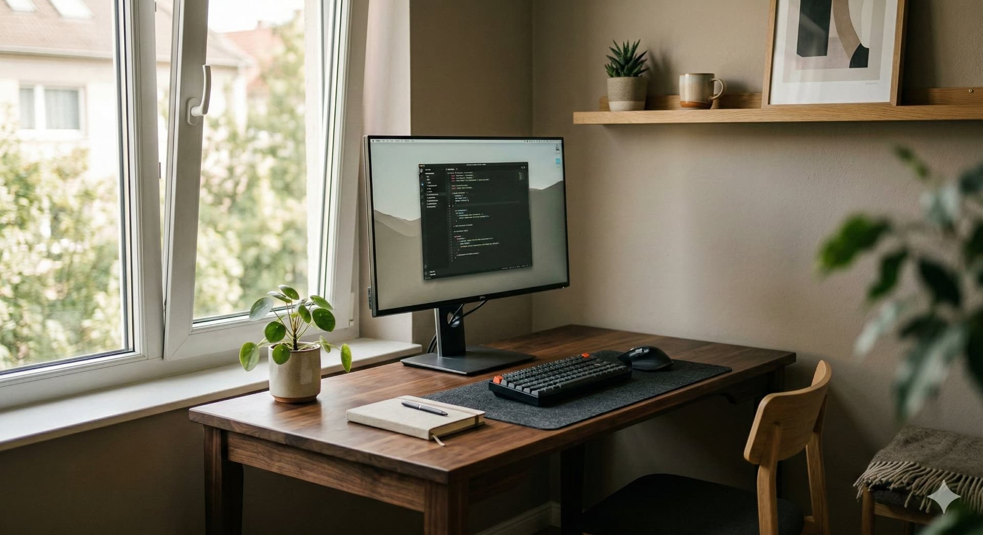 Bureau ergonomique à domicile avec moniteur, clavier mécanique et lumière naturelle
