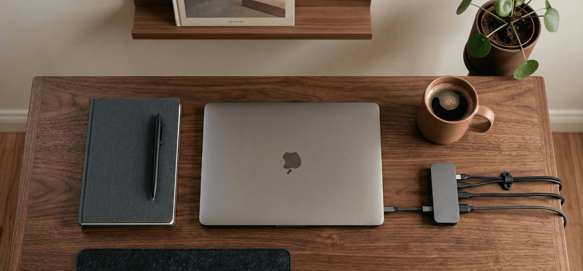 Walnut desk top view with laptop, USB-C dock, and organised cables