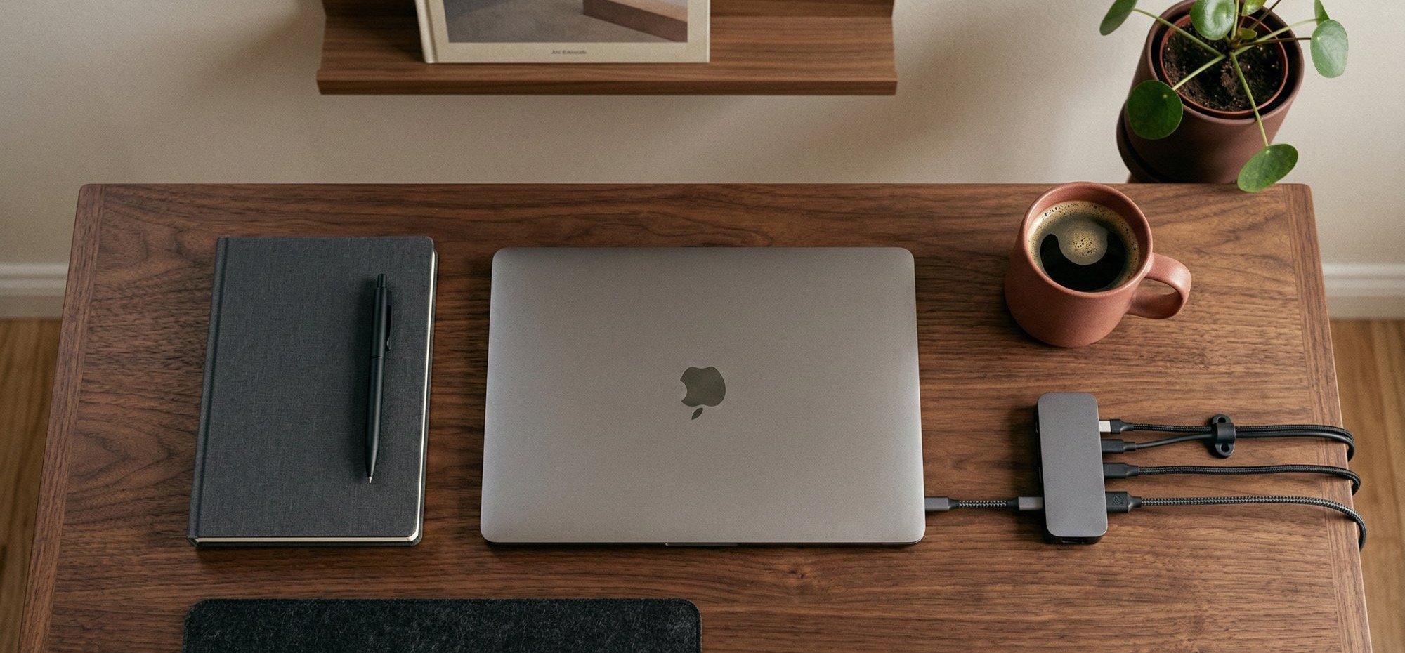 Vue aérienne d'un bureau en noyer parfaitement organisé, laptop, carnet, câbles rangés