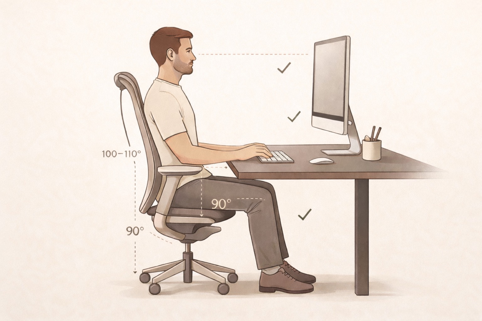 Illustration d'une posture ergonomique correcte : angles de 90 degrés aux coudes, genoux et hanches