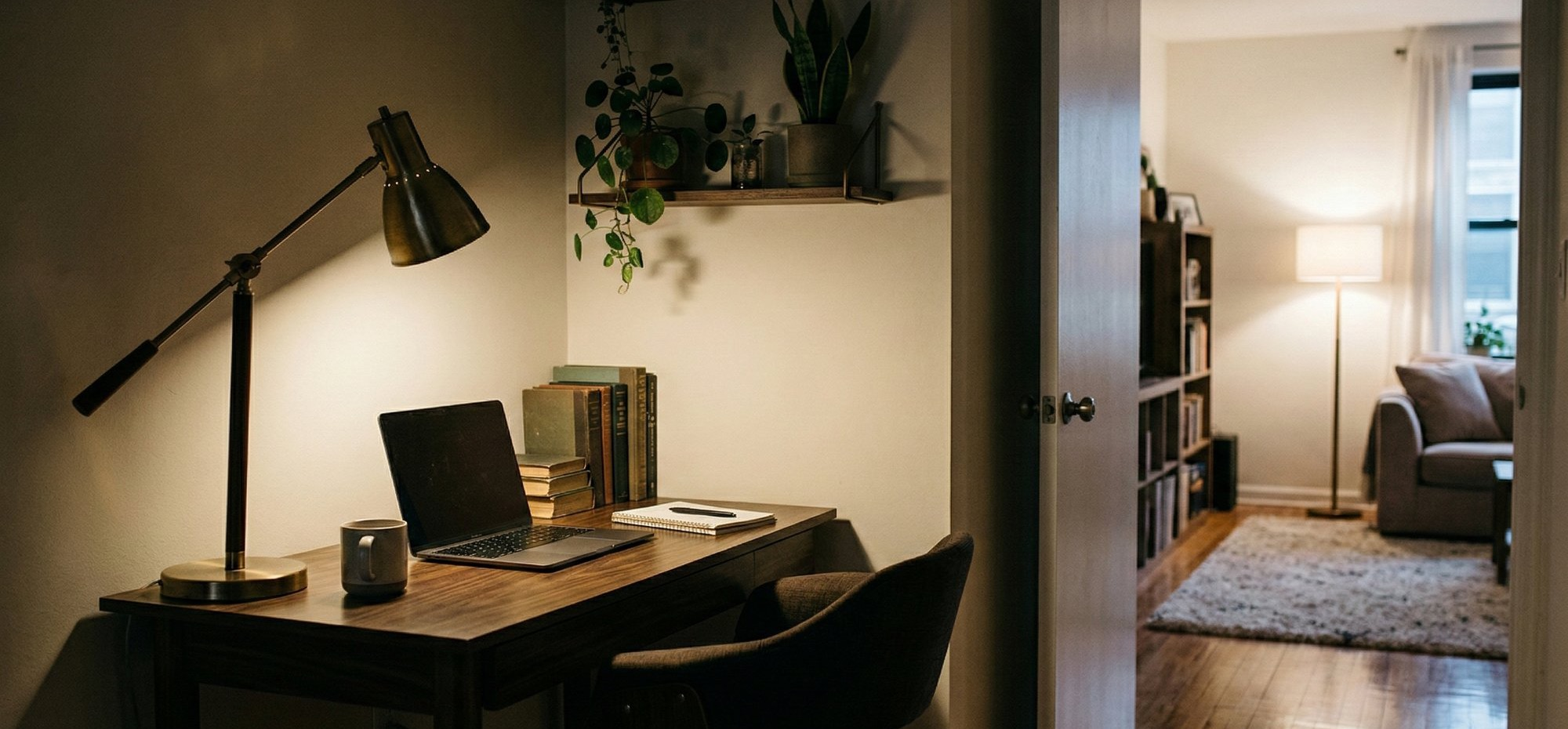 Bureau dans un recoin dédié, lampe allumée, porte ouverte vers le salon éclairé